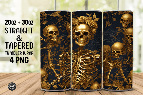 Gold Skeleton with Flowers Tumbler Wraps Graphics
