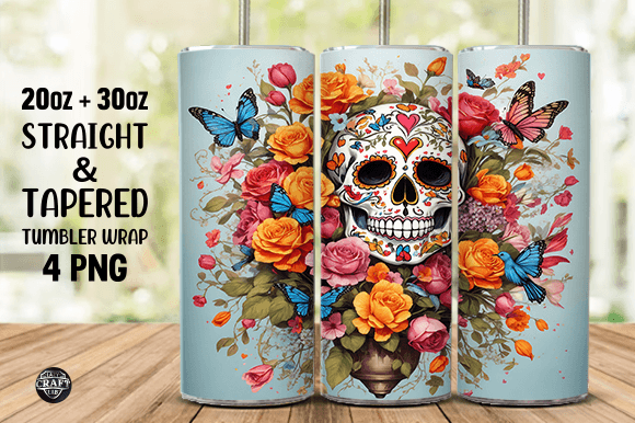 Skull with Flowers Butterflies Tumbler Wraps & Graphics