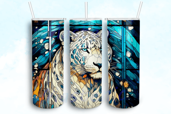 Stained Glass Snow Leopard Tumbler PNG: Graphics for Crafts & Branding