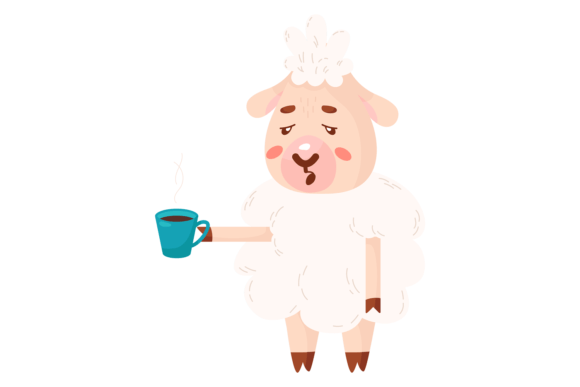 Tired Sheep Character with Coffee Cup Graphics